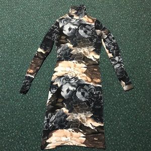 Flower Print Turtle Neck Midi Dress